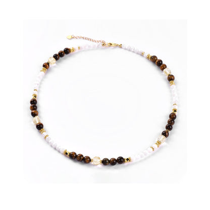 Cindy land Collier de perles rondes en nacre avec pierres précieuses œil de tigre, cristal de citrine, énergie de guérison