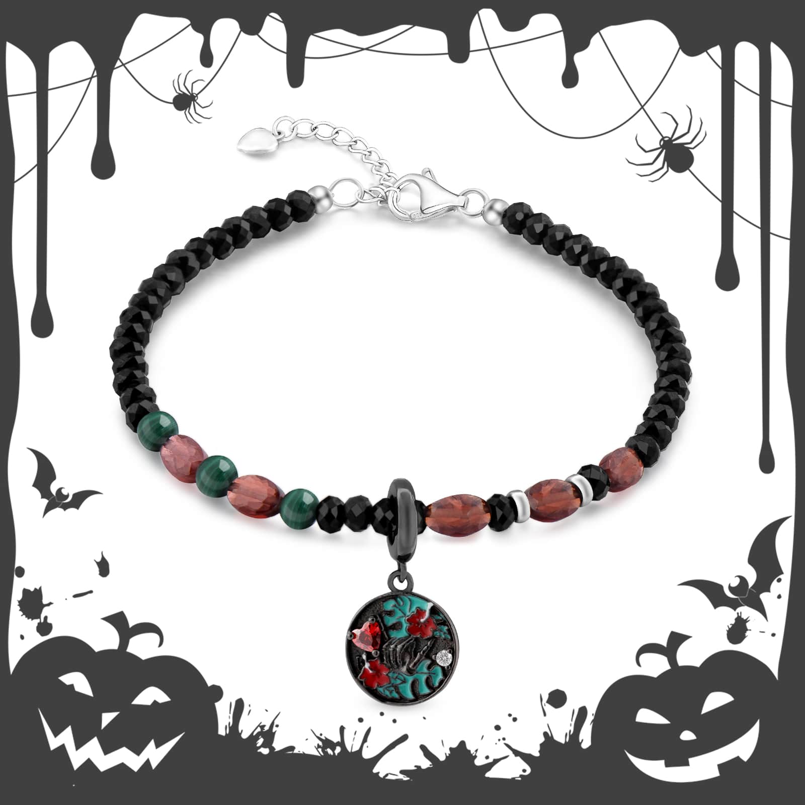 Sugar Skull Handmade Pendant Bracelet for Men with Black Spinel & Red Champgane Garnet Gemstone Beads - Bracelets for Women