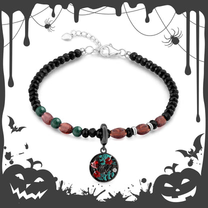 Sugar Skull Handmade Pendant Bracelet for Men with Black Spinel & Red Champgane Garnet Gemstone Beads - Bracelets for Women