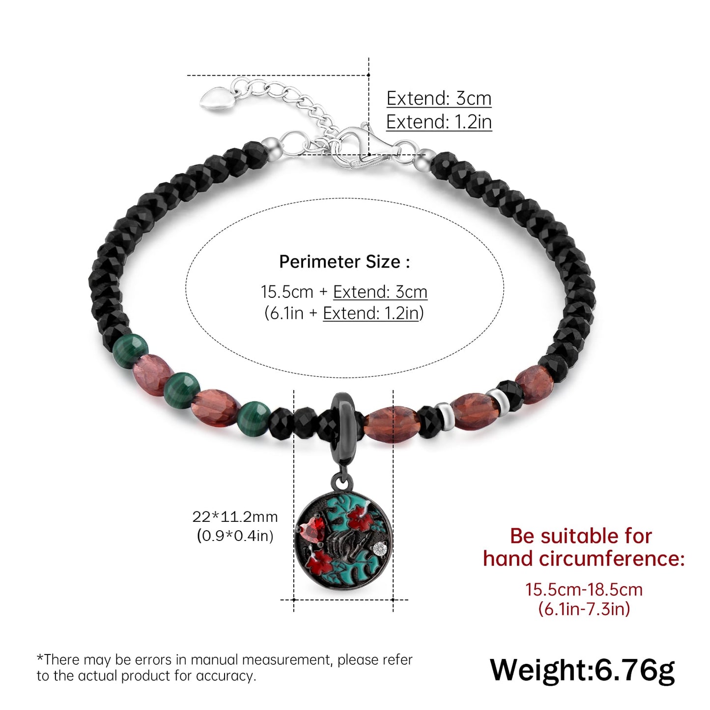 Rocker Jewelry Edgy Skull Bracelet/ Men's Stretch Bracelet with pendant/ black spinel malachite garnet Beads Bracelet/Halloween Bracelet Father's Day