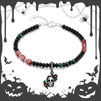 Men's Skull and Crossbones Beaded Beaded Bracelet. Halloween bracelet. Men's Black Spinel and Champagne Garnet and Malachite Bracelet. Fall bracelet.