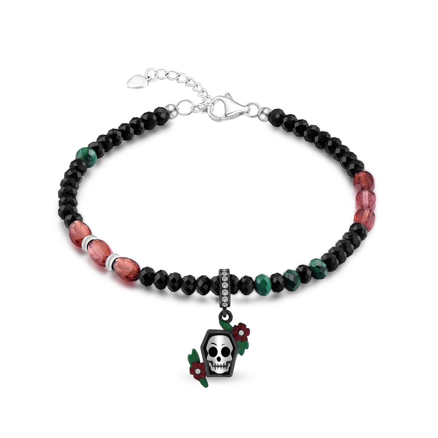 Black Spinel beaded skull bracelet/Halloween jewelry/Skull Jewelry/Halloween Skulls Gift for her him