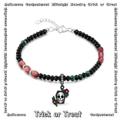 Skull Bracelet with Black Spinel & Frosted Champagne Garnet & Malachite Stones