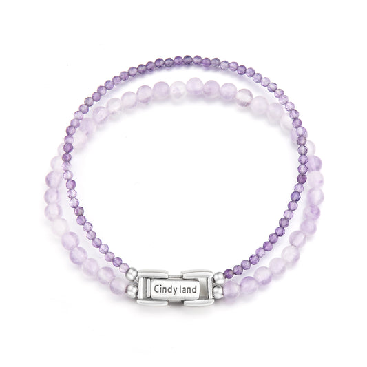 Bracelet à fermoir élégant en calcédoine violette et améthyste à double rangée