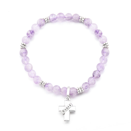 Light purple Chalcedony Lucky Crystal beads natural stones Bracelet hand chain for women girls Ladies Cross Pendant