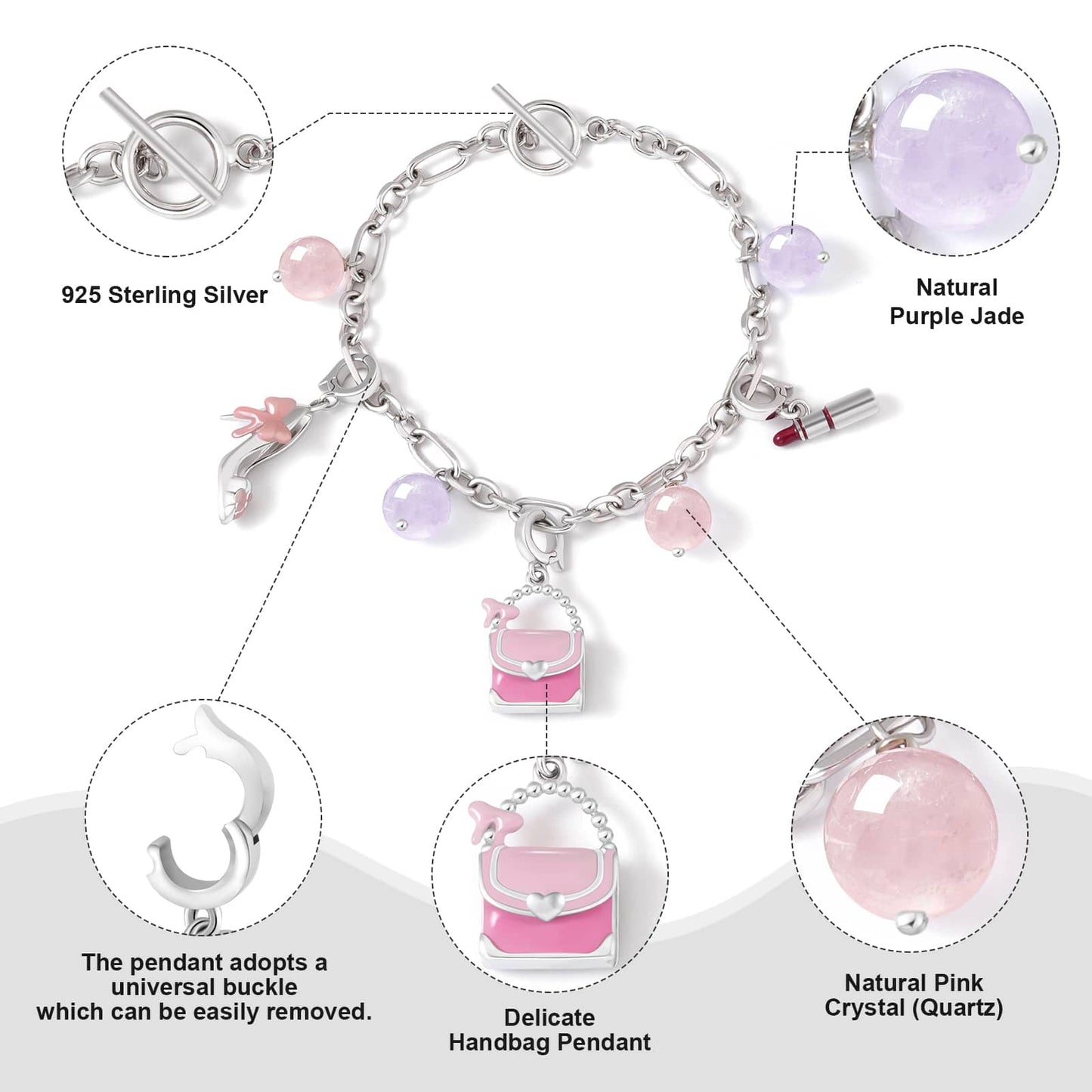 Stylish S925 Pink Crystal and Purple Jade Bracelet with Handbag Pendant