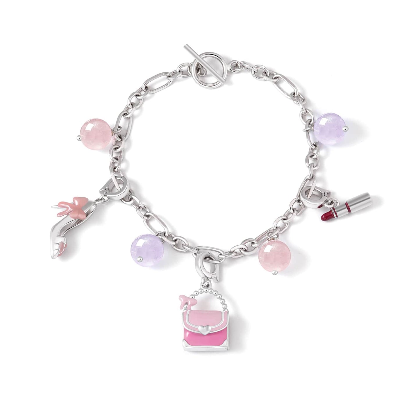 Stylish S925 Pink Crystal and Purple Jade Bracelet with Handbag Pendant