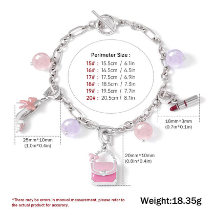 Stylish S925 Pink Crystal and Purple Jade Bracelet with Handbag Pendant