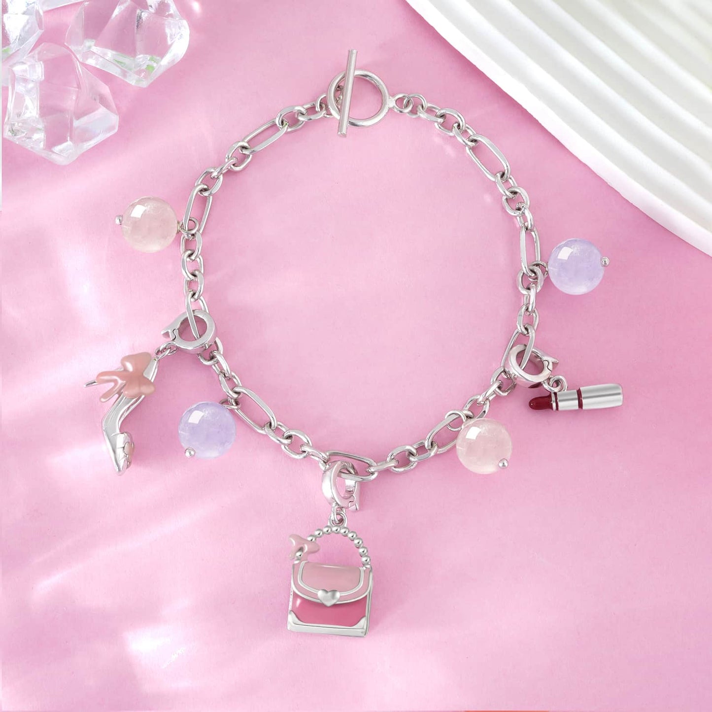 Stylish S925 Pink Crystal and Purple Jade Bracelet with Handbag Pendant