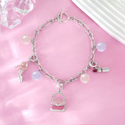 Stylish S925 Pink Crystal and Purple Jade Bracelet with Handbag Pendant