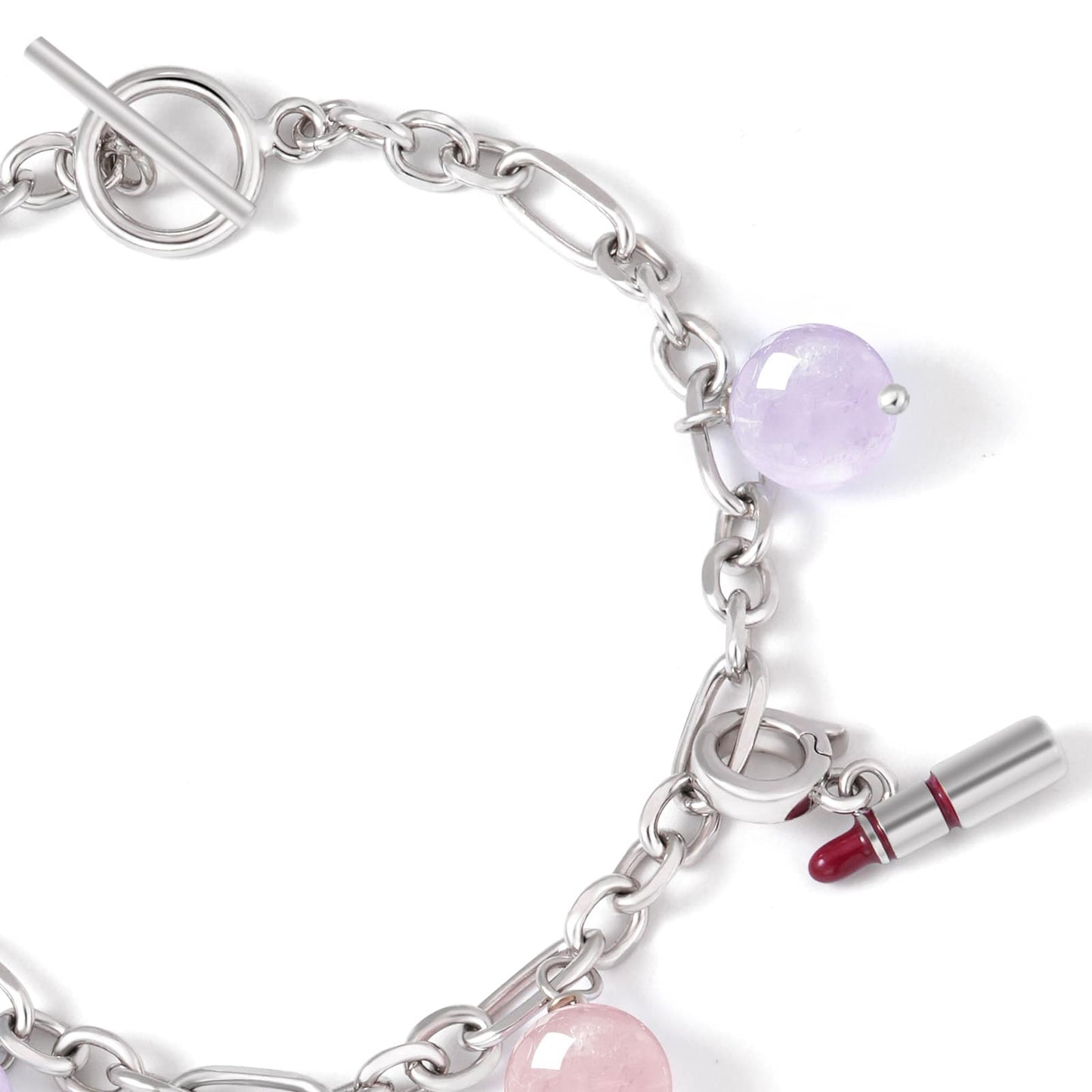 Stylish S925 Pink Crystal and Purple Jade Bracelet with Handbag Pendant