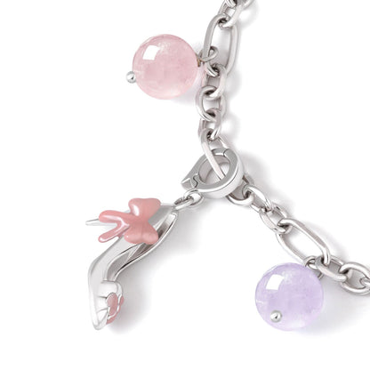 Stylish S925 Pink Crystal and Purple Jade Bracelet with Handbag Pendant