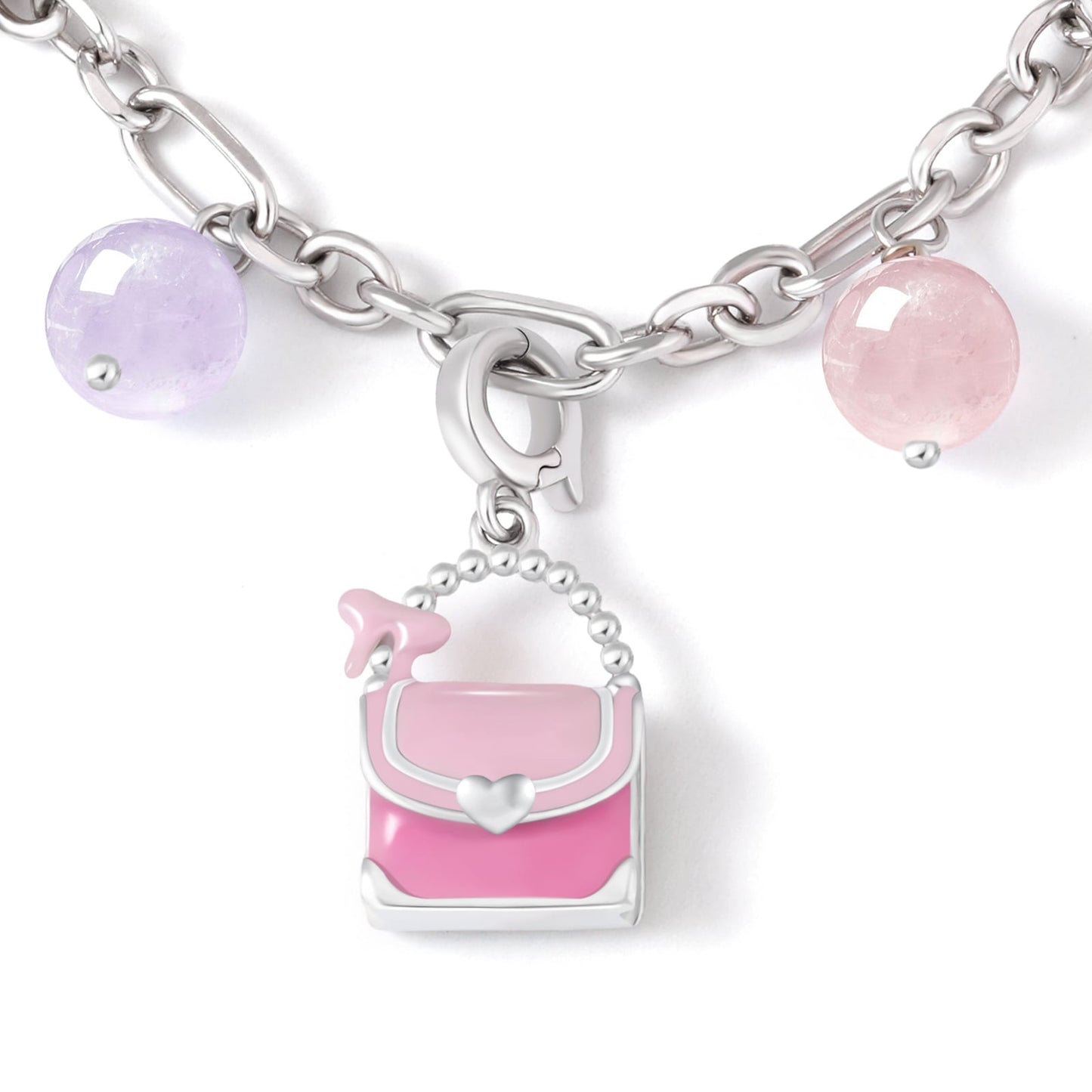 Stylish S925 Pink Crystal and Purple Jade Bracelet with Handbag Pendant