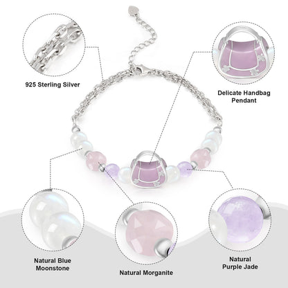 Charming Morganite Moonstone and Purple Jade Bracelet with Handbag Pendant