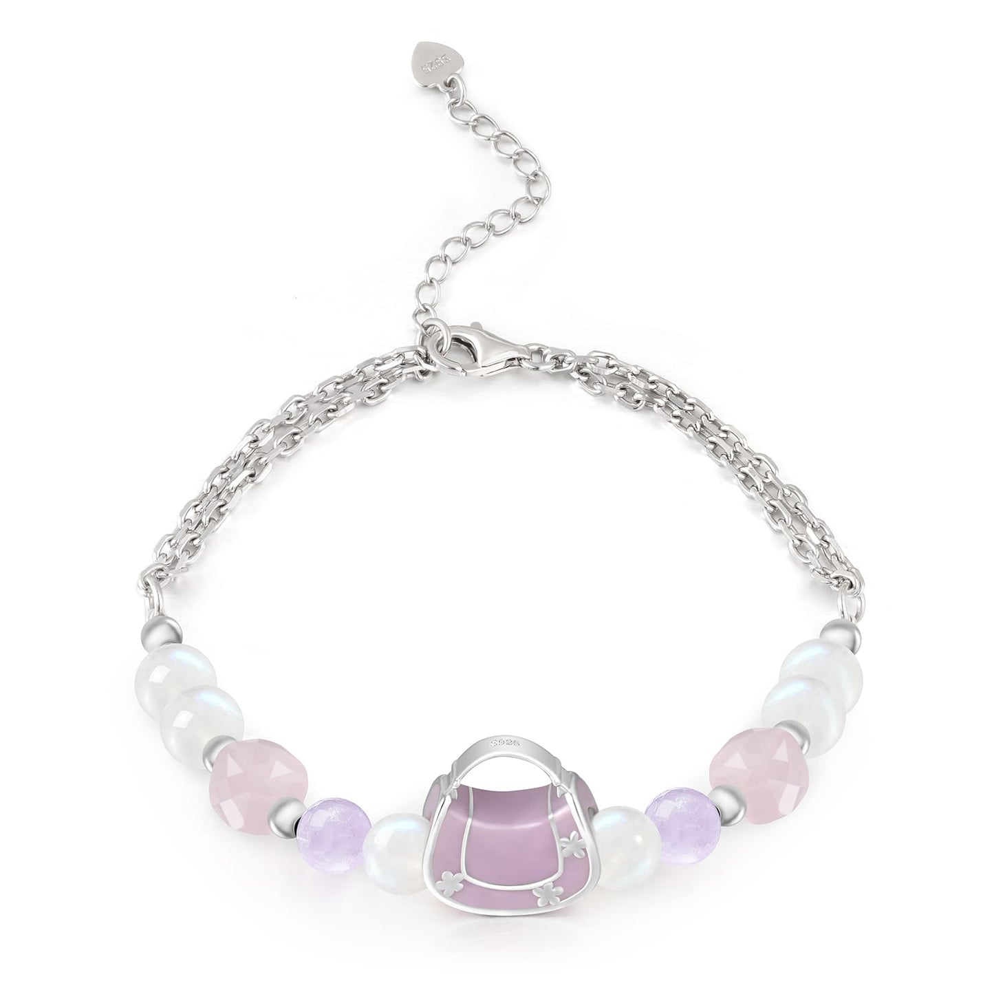 Charming Morganite Moonstone and Purple Jade Bracelet with Handbag Pendant