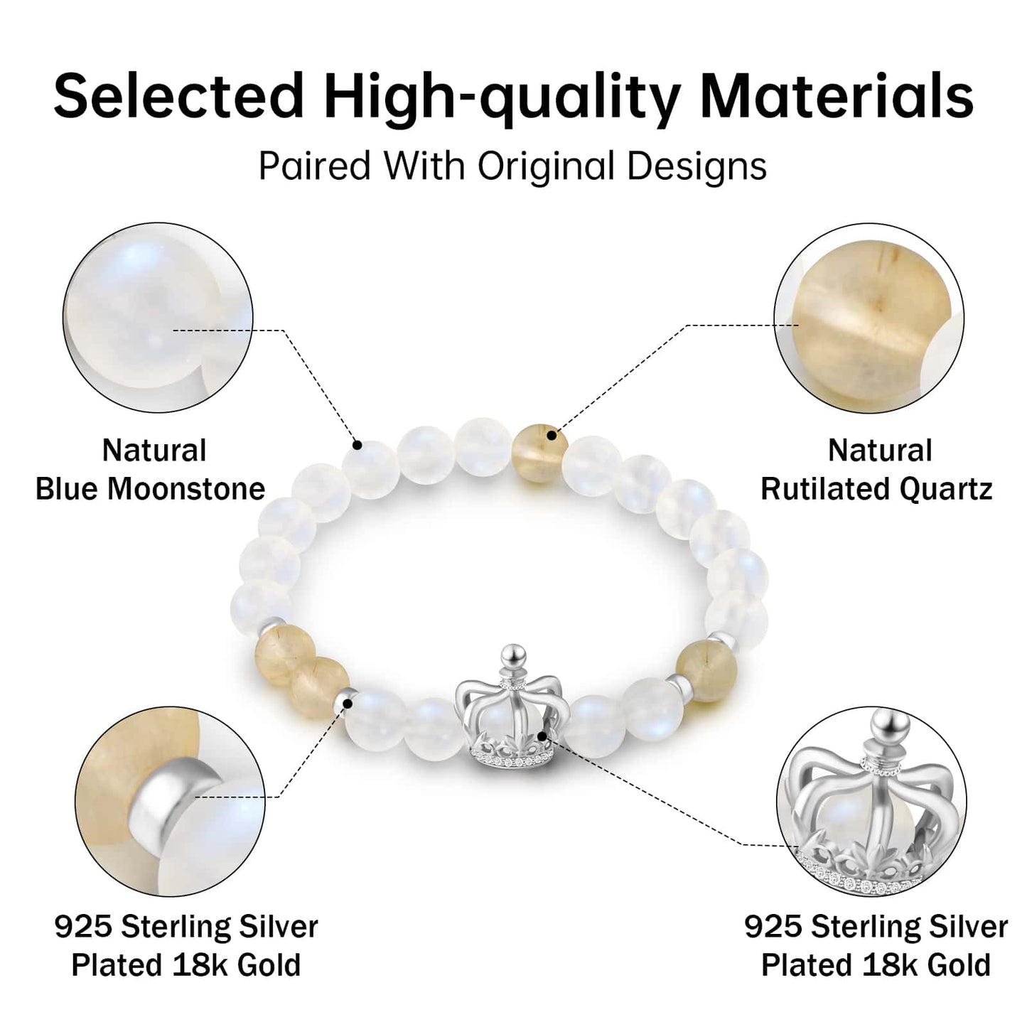 Elegant Natural Blue Moonstone and Rutilated Quartz Crown Bracelet