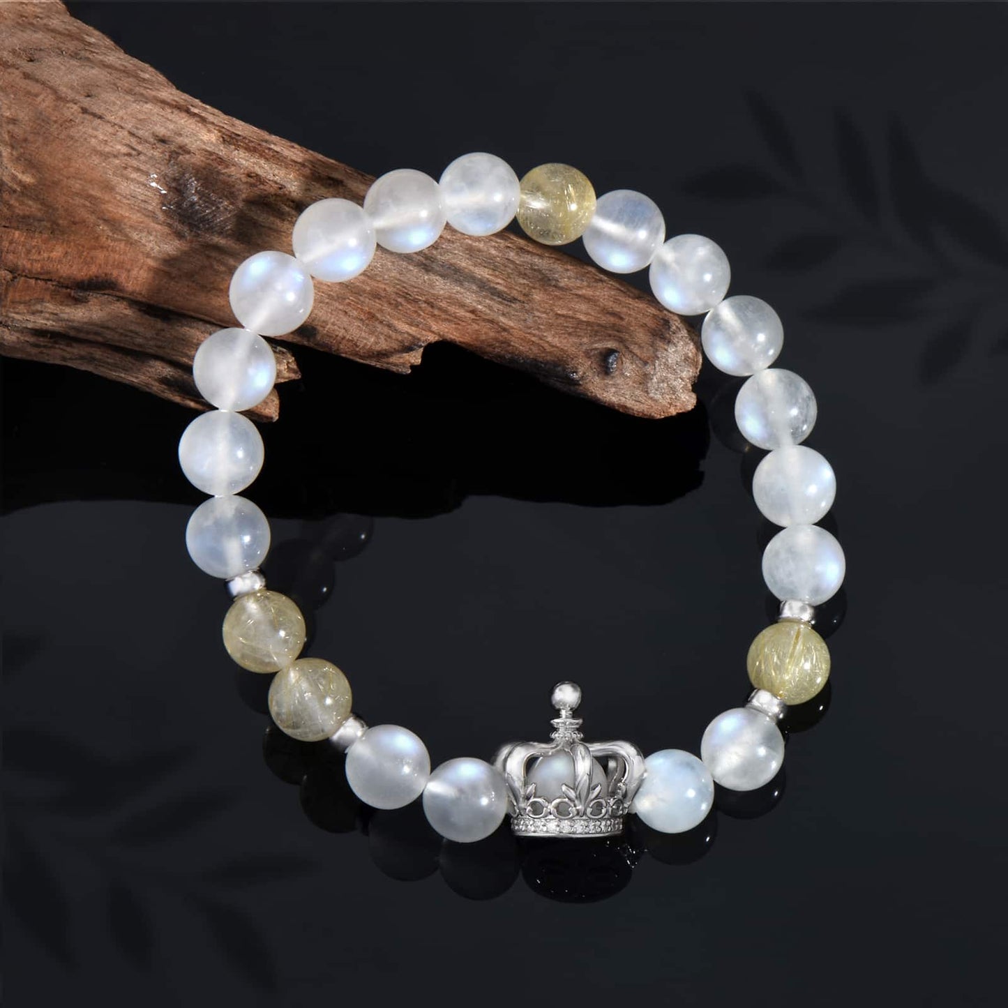 Elegant Natural Blue Moonstone and Rutilated Quartz Crown Bracelet