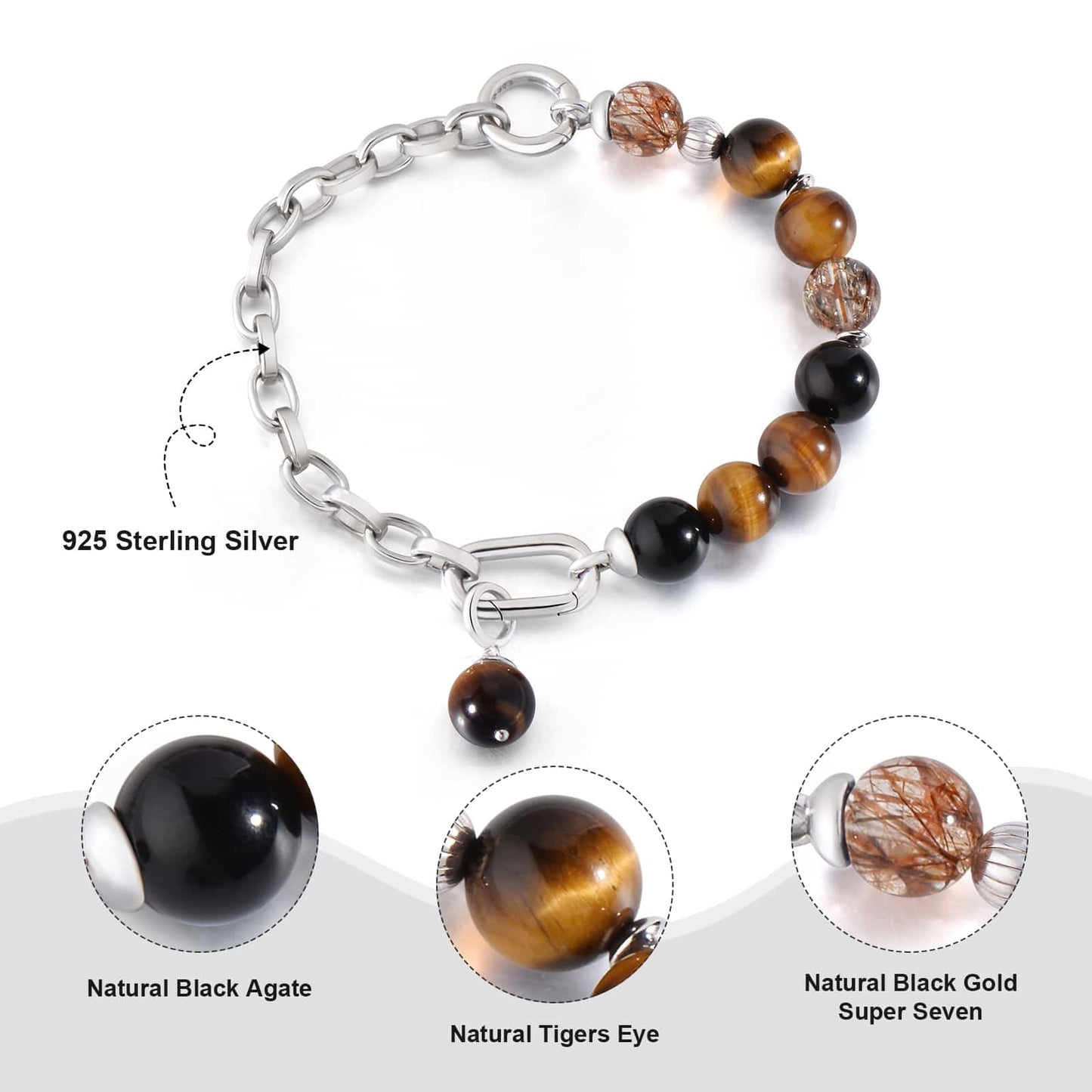 Half Chain Half Crystal Black Agate Tiger Eyes and Black Gold Super 7 Bracelet