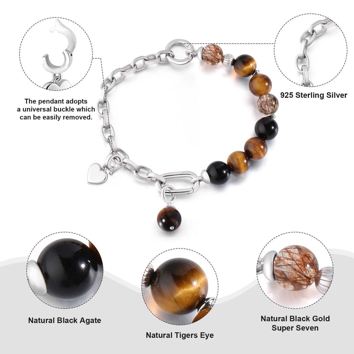 Half Chain Half Crystal Black Agate Tiger Eyes and Black Gold Super 7 Bracelet