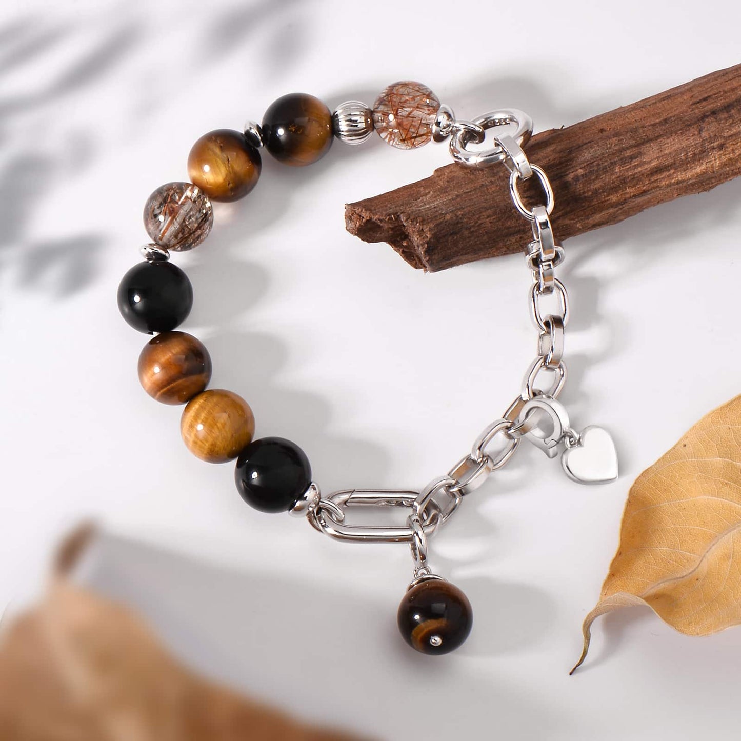 Half Chain Half Crystal Black Agate Tiger Eyes and Black Gold Super 7 Bracelet