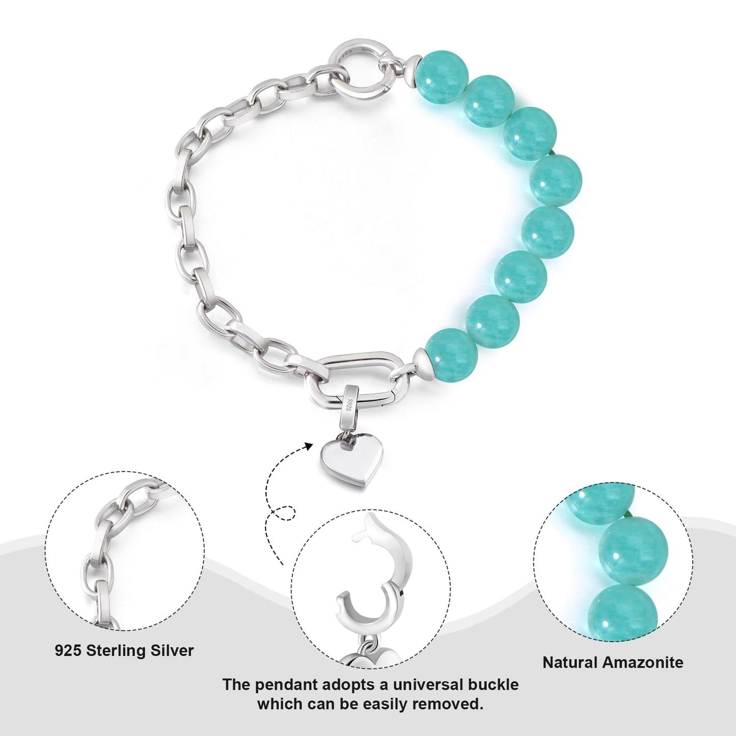 Half Chain Half Crystal Chic Amazonite Bracelet with Heart Pendant