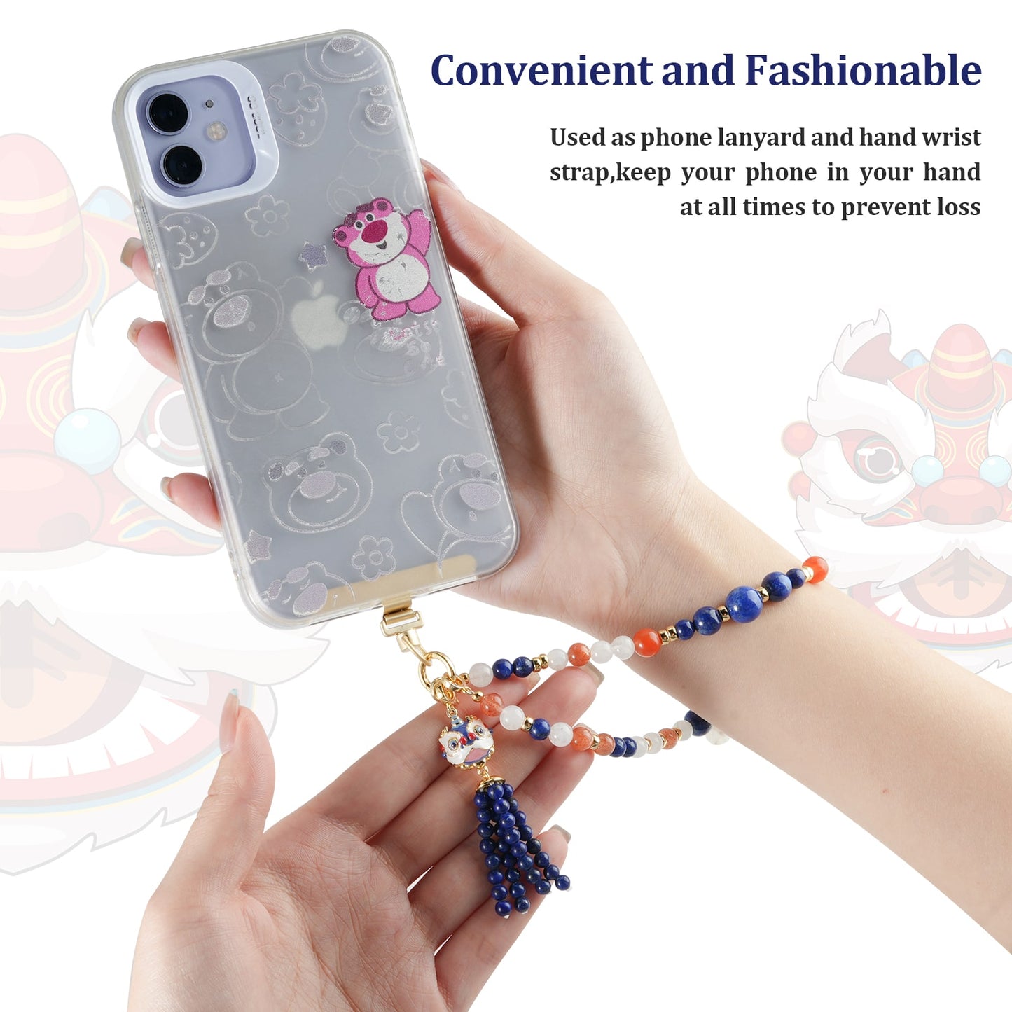 Natural Crystal Beaded Phone Strap Chains Lucky Lion Dance Design Phone Charm