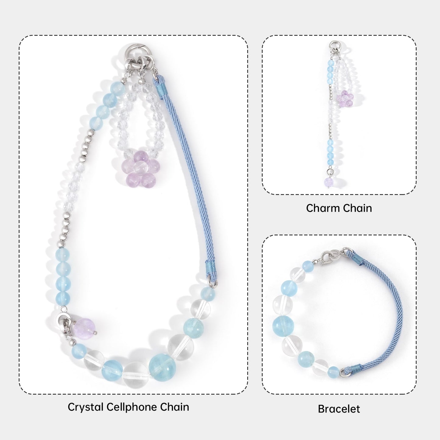 Dainty Natural Crystal Aquamarine, Purple Jade, Rock Crystal Phone Strap Jewelry