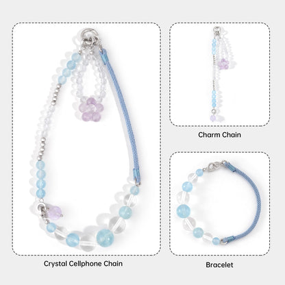 Dainty Natural Crystal Aquamarine, Purple Jade, Rock Crystal Phone Strap Jewelry