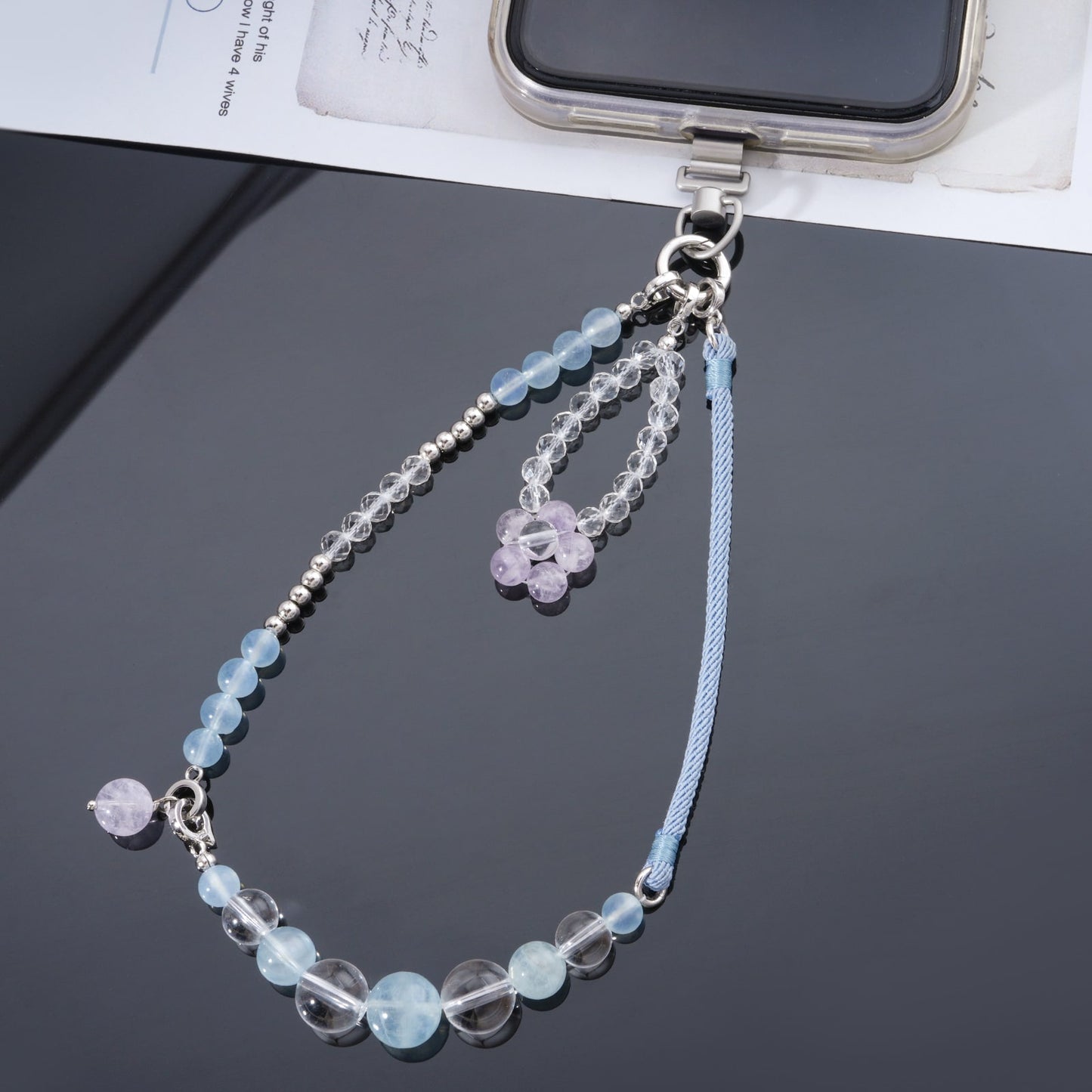 Dainty Natural Crystal Aquamarine, Purple Jade, Rock Crystal Phone Strap Jewelry