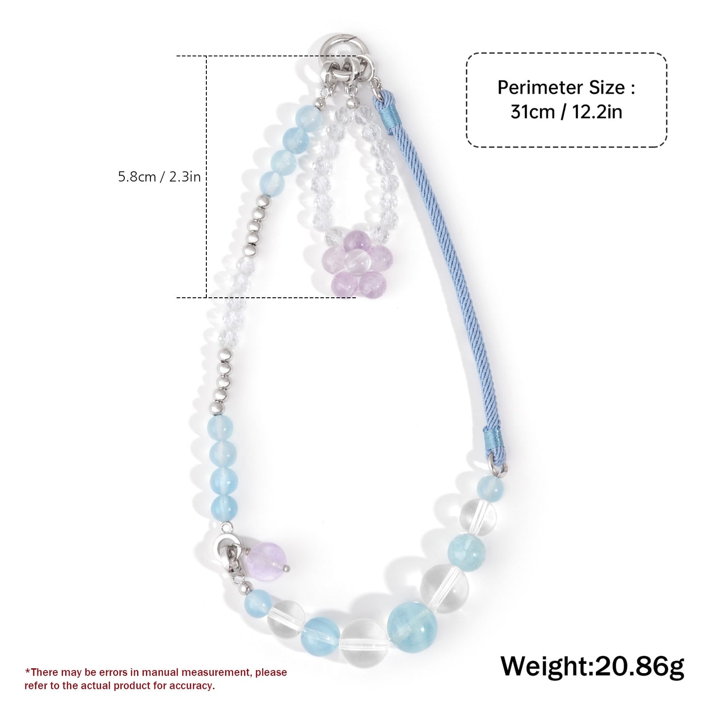 Dainty Natural Crystal Aquamarine, Purple Jade, Rock Crystal Phone Strap Jewelry