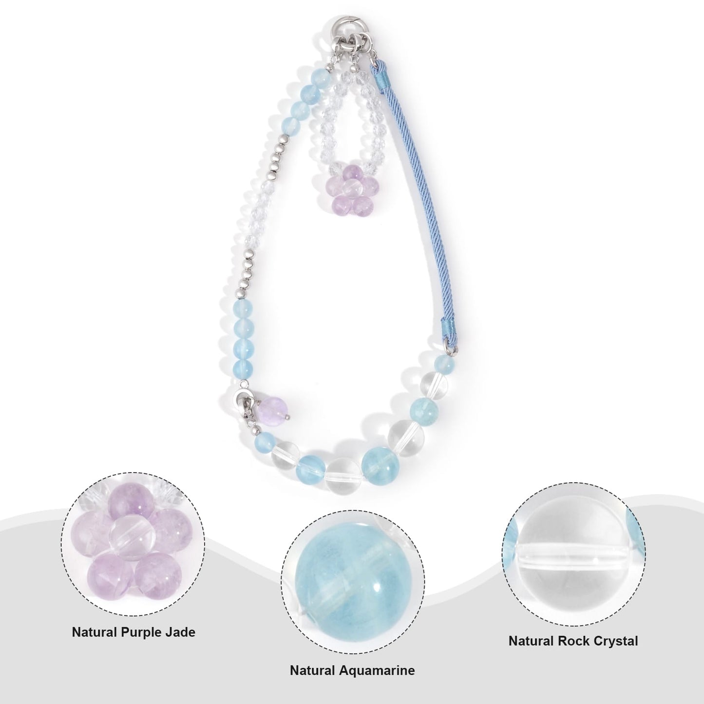 Dainty Natural Crystal Aquamarine, Purple Jade, Rock Crystal Phone Strap Jewelry