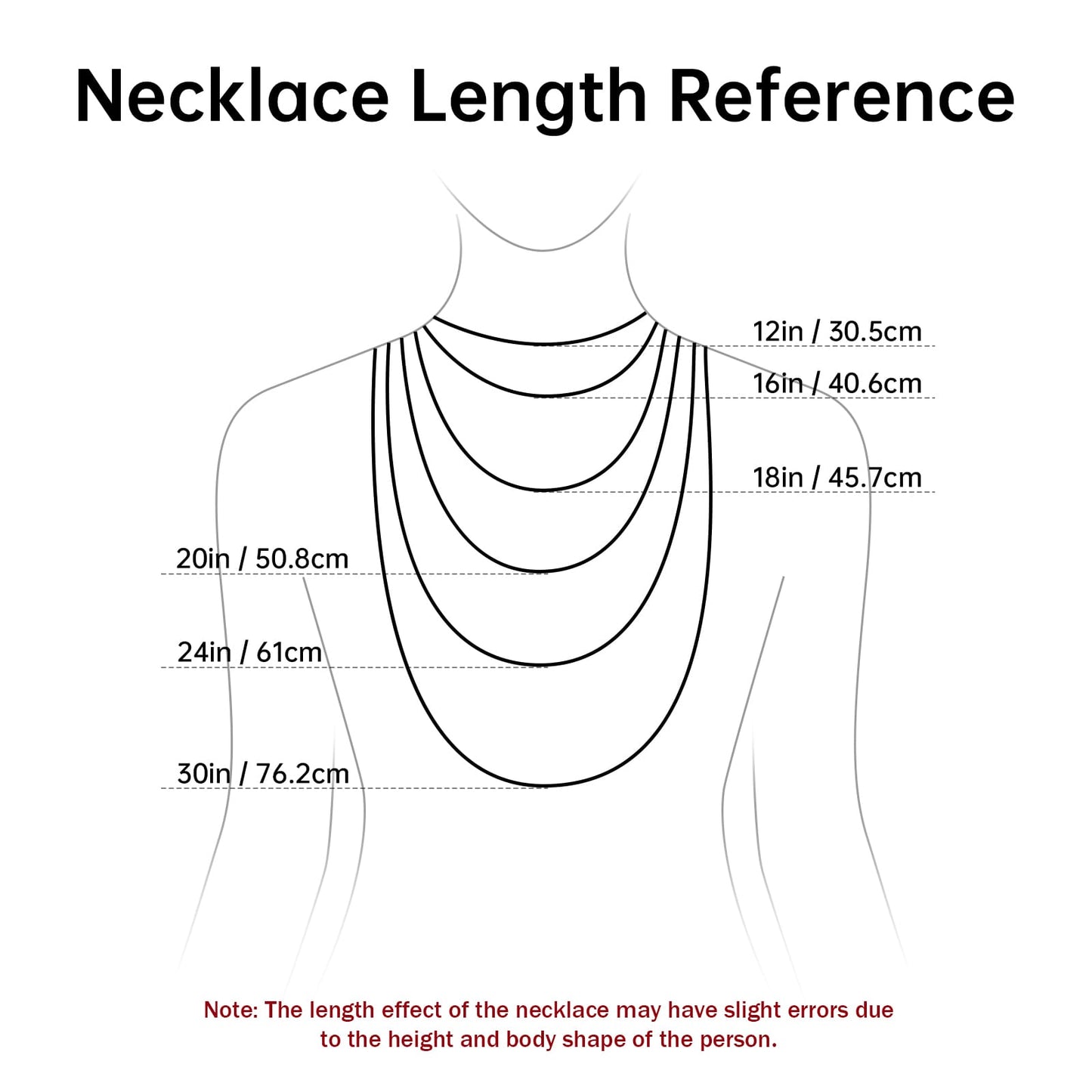 Chain and Necklace Length Size Guide with a silhouette of a woman.  How to measure your necklace.  sellers and buyers guide.  jewelry shop business presentation and advertisement, designer.