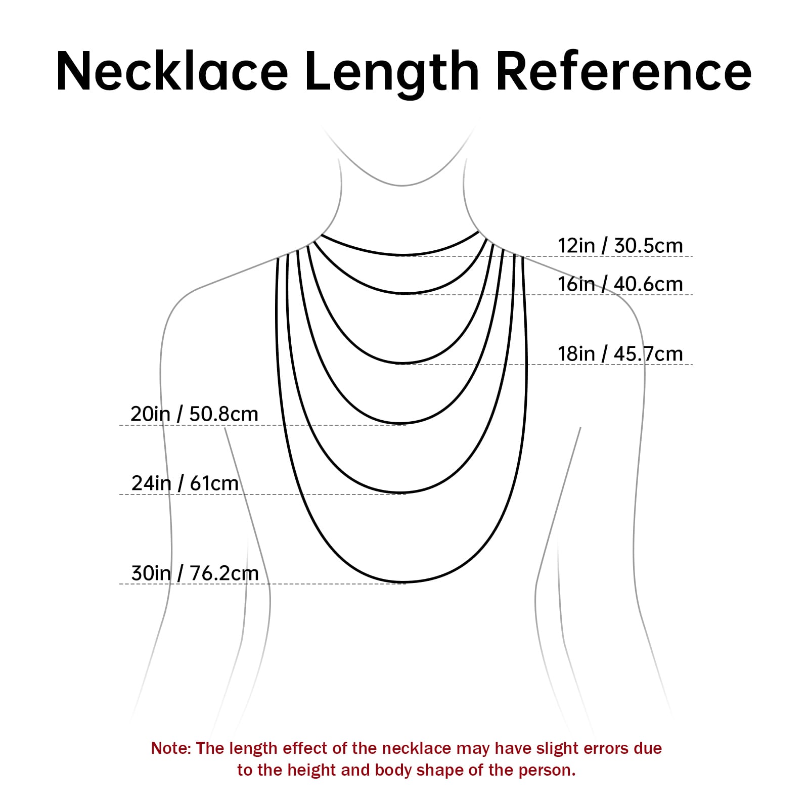 Chain and Necklace Length Size Guide with a silhouette of a woman.  How to measure your necklace.  sellers and buyers guide.  jewelry shop business presentation and advertisement, designer.