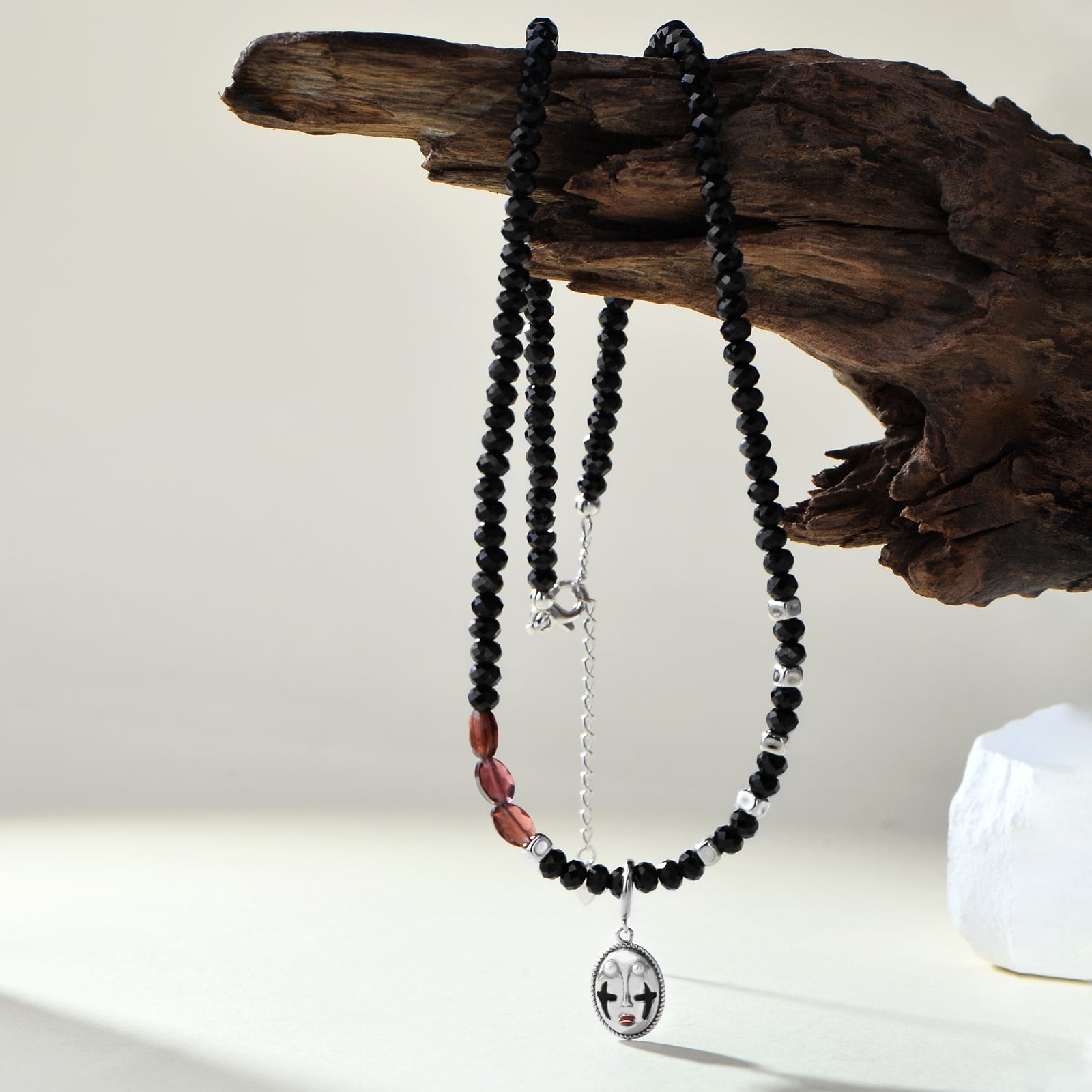 Faceted Black Spinel bead Skull pendant necklace