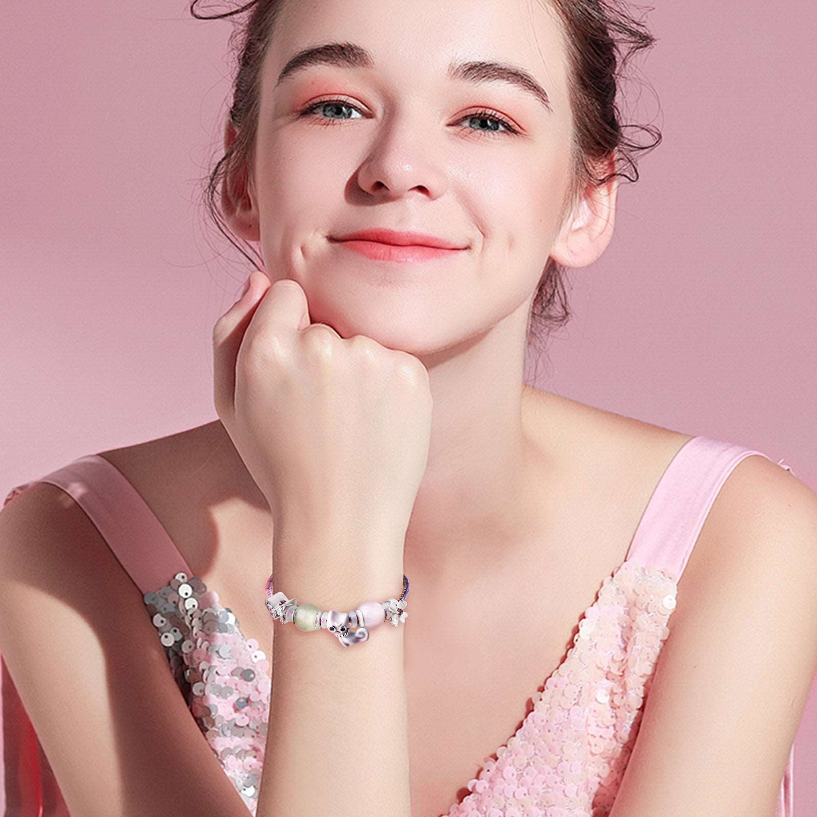 Pink Braid Cord beaded Prehnite and Quartz bracelet