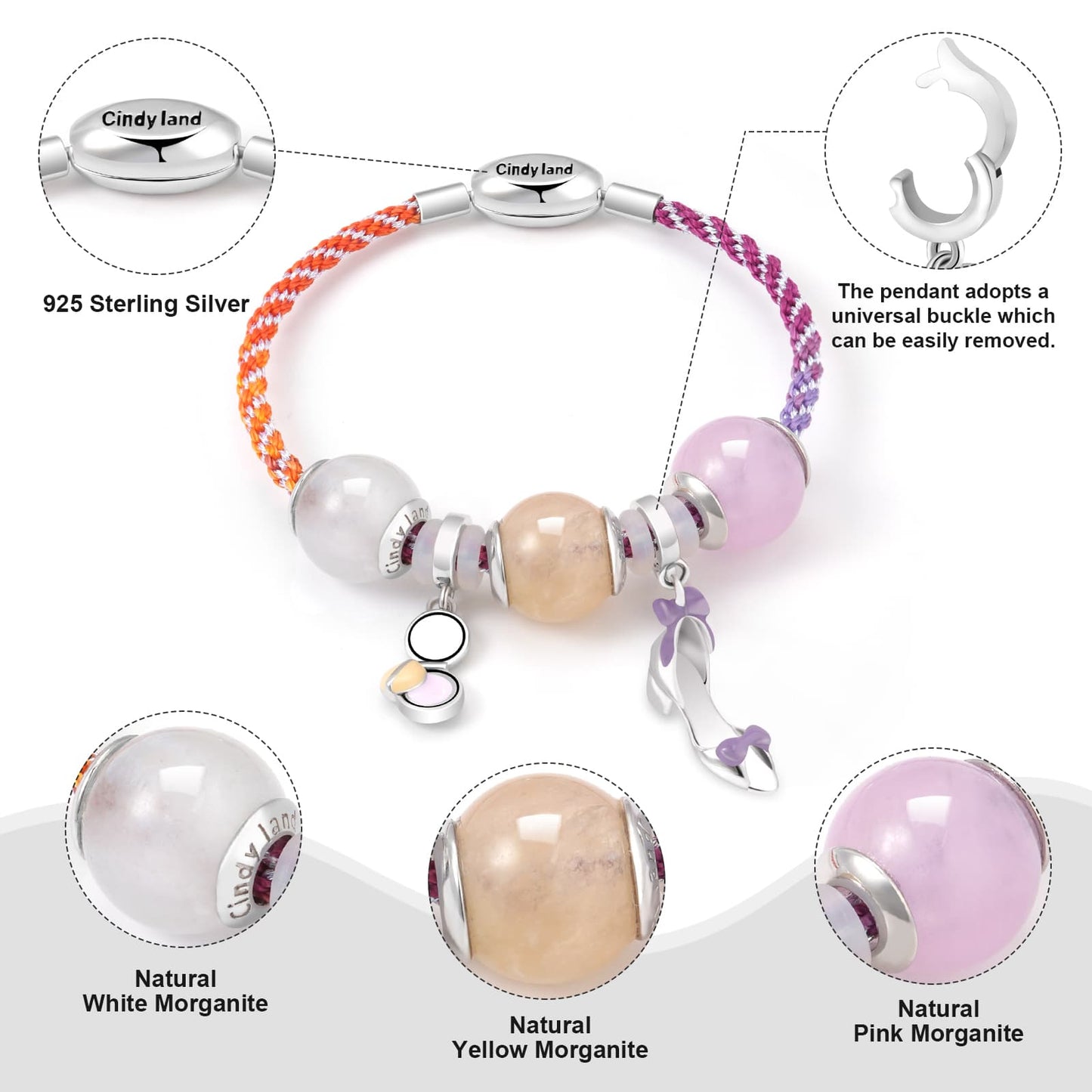 Elegant Natural Rainbow Morganite Bracelet with Makeup Pendant