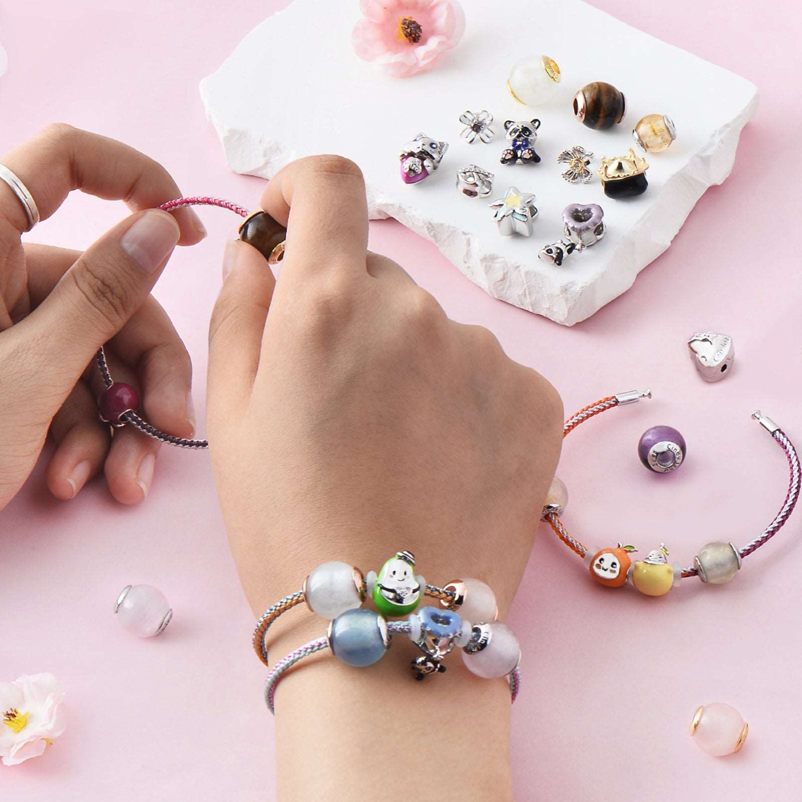 Friendship Braided Bracelets with Natural Morganite Crystal Beads for Children