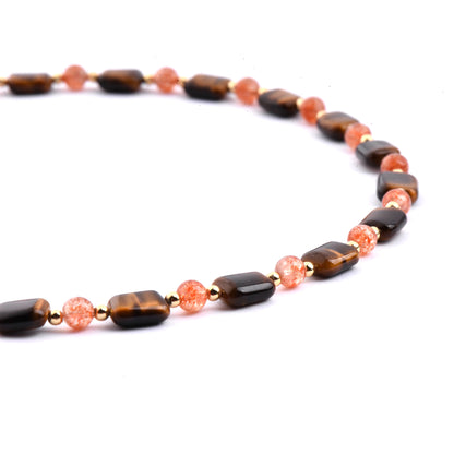 Cindy land Natural Square Tiger Eye Gemstone with Strawberry Crystal Gold Plated Energy Necklace