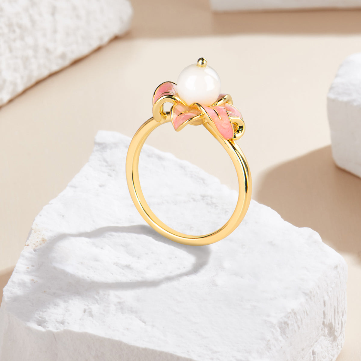 Pink Sakura White Shell Crystal Ring